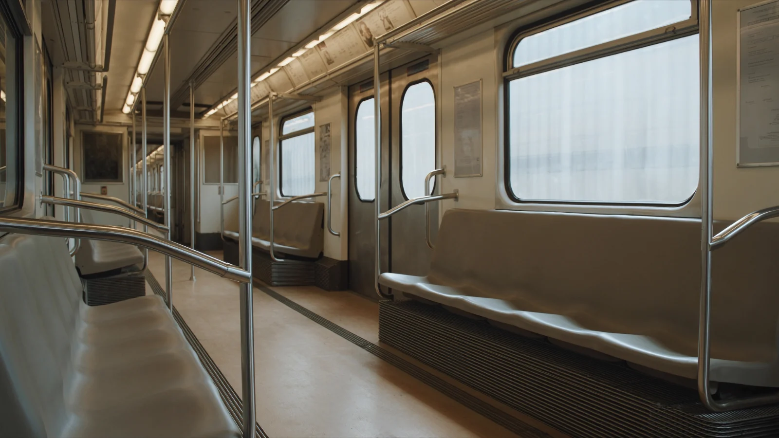 Vagão de metrô vazio com luz natural entrando pelas janelas